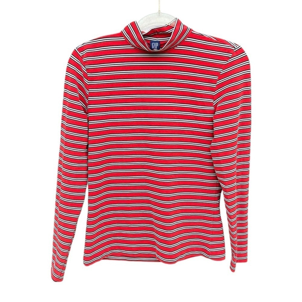 Vintage Gap Stripe Mock Neck Long Sleeve Top 90s Red Black White Stretch Large